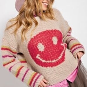 Easel  Crewneck Sweater with Pink Smiley and Striped Sleeves. NWT Size Medium